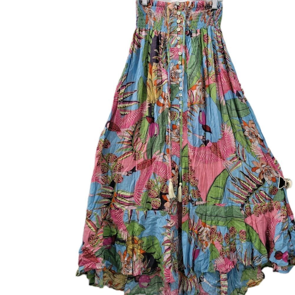 Rachel Roy Multicolor Floral Maxi Skirt Smocked Waist Hi Low Tropical Sz XS